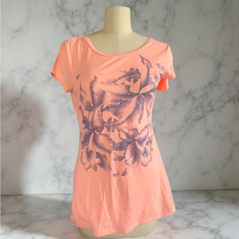 Express Sequin Floral Print Bright Peach Tee